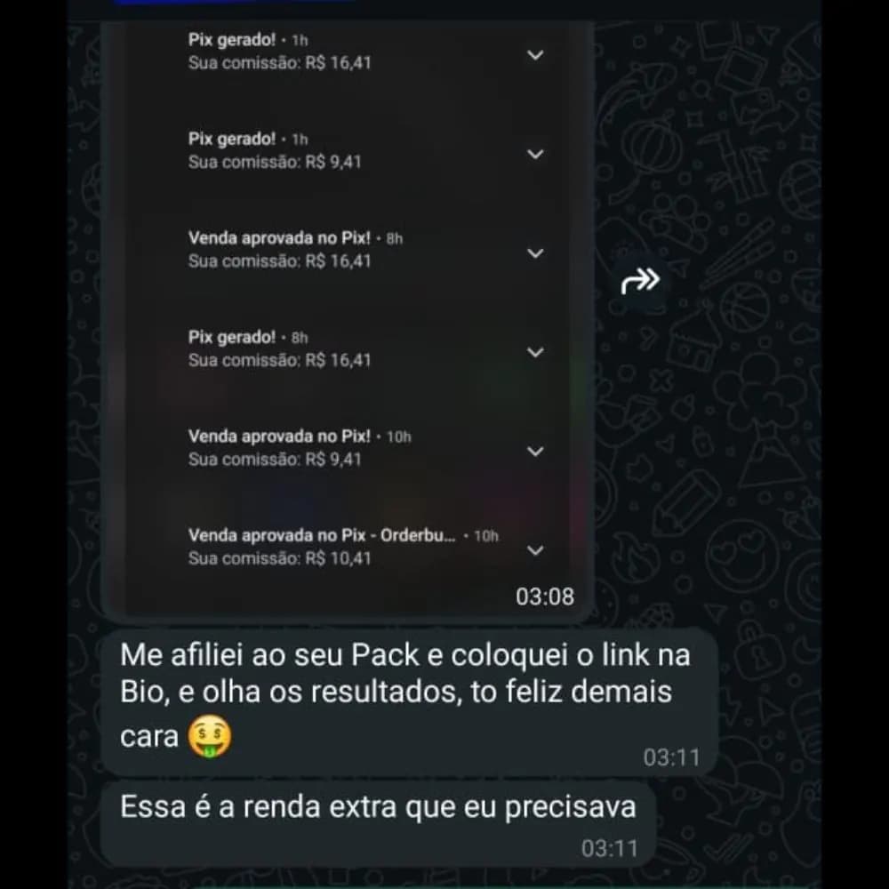 Afiliado mostrando comissões geradas pelo pack